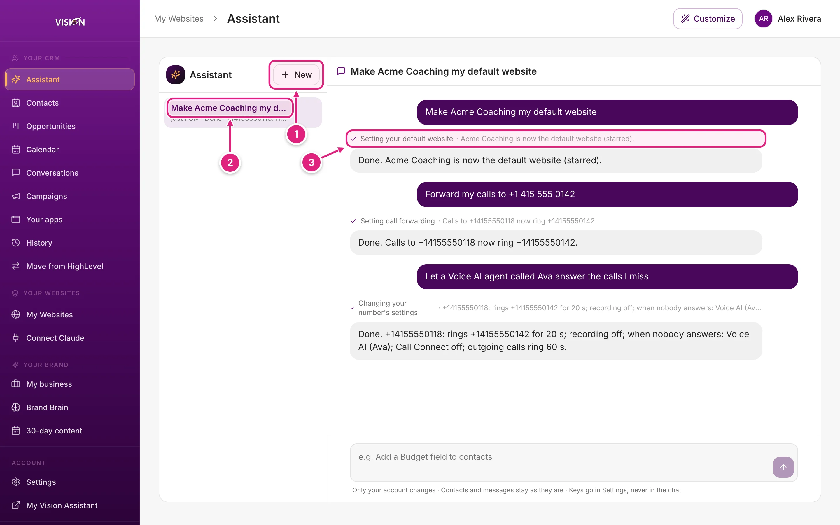 The Assistant page with the conversation list and a conversation