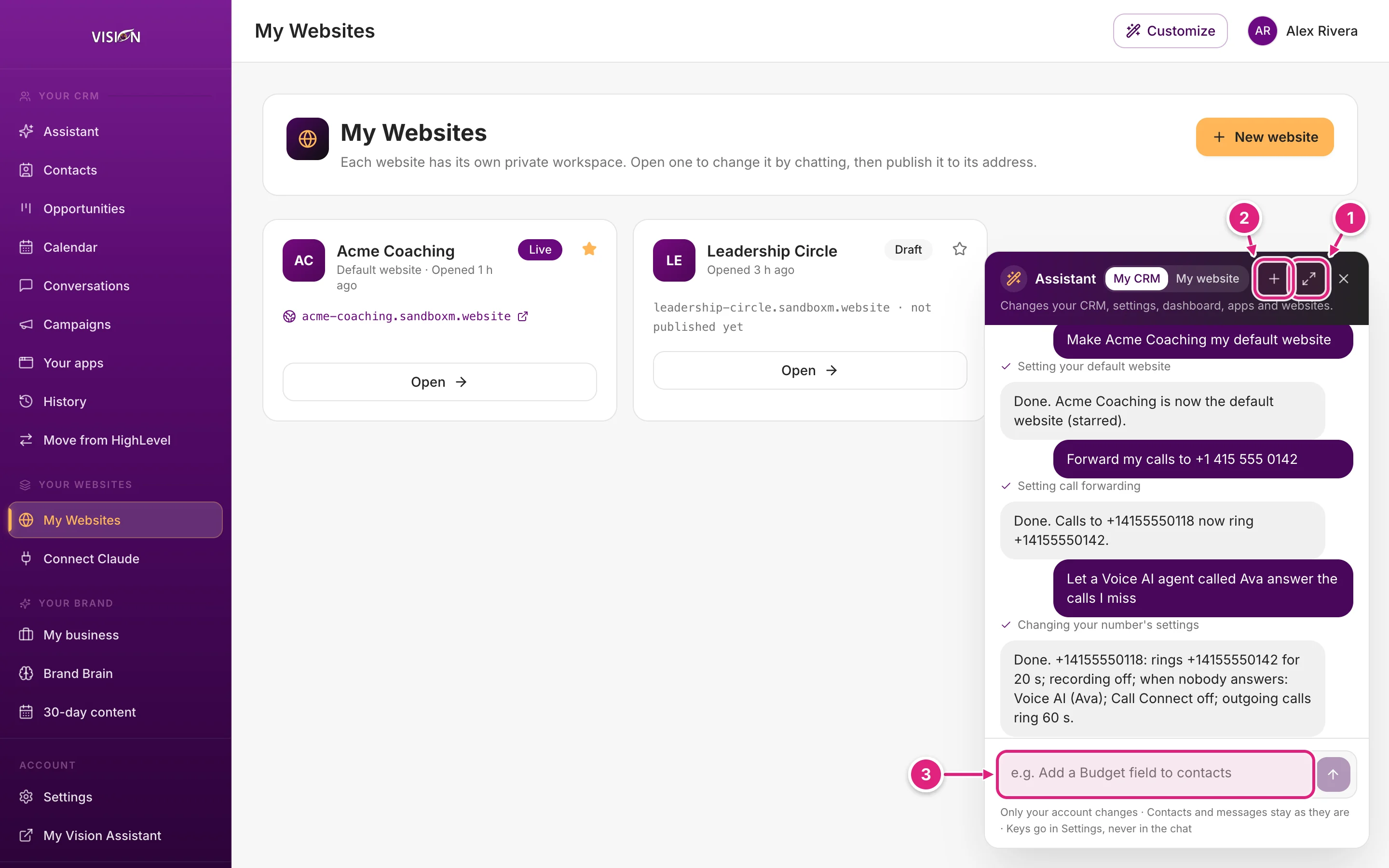 The chat bubble showing a conversation with the assistant