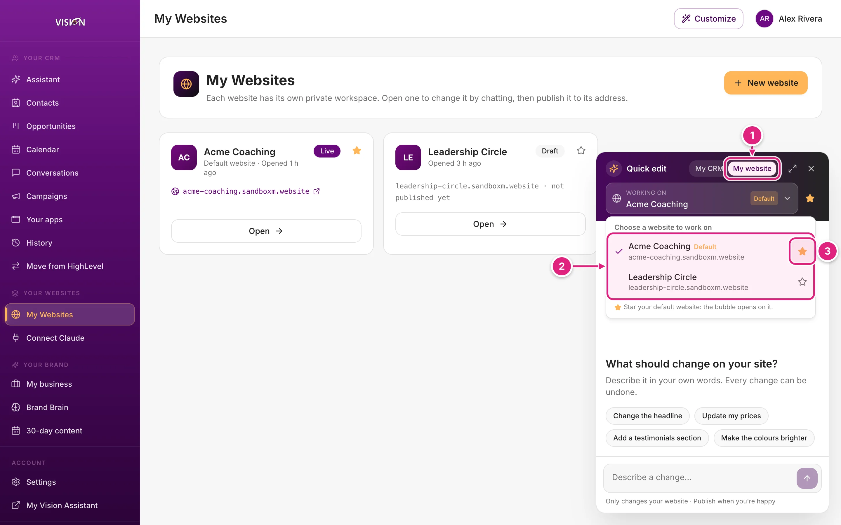 The chat bubble open on the My website tab, with the website picker open