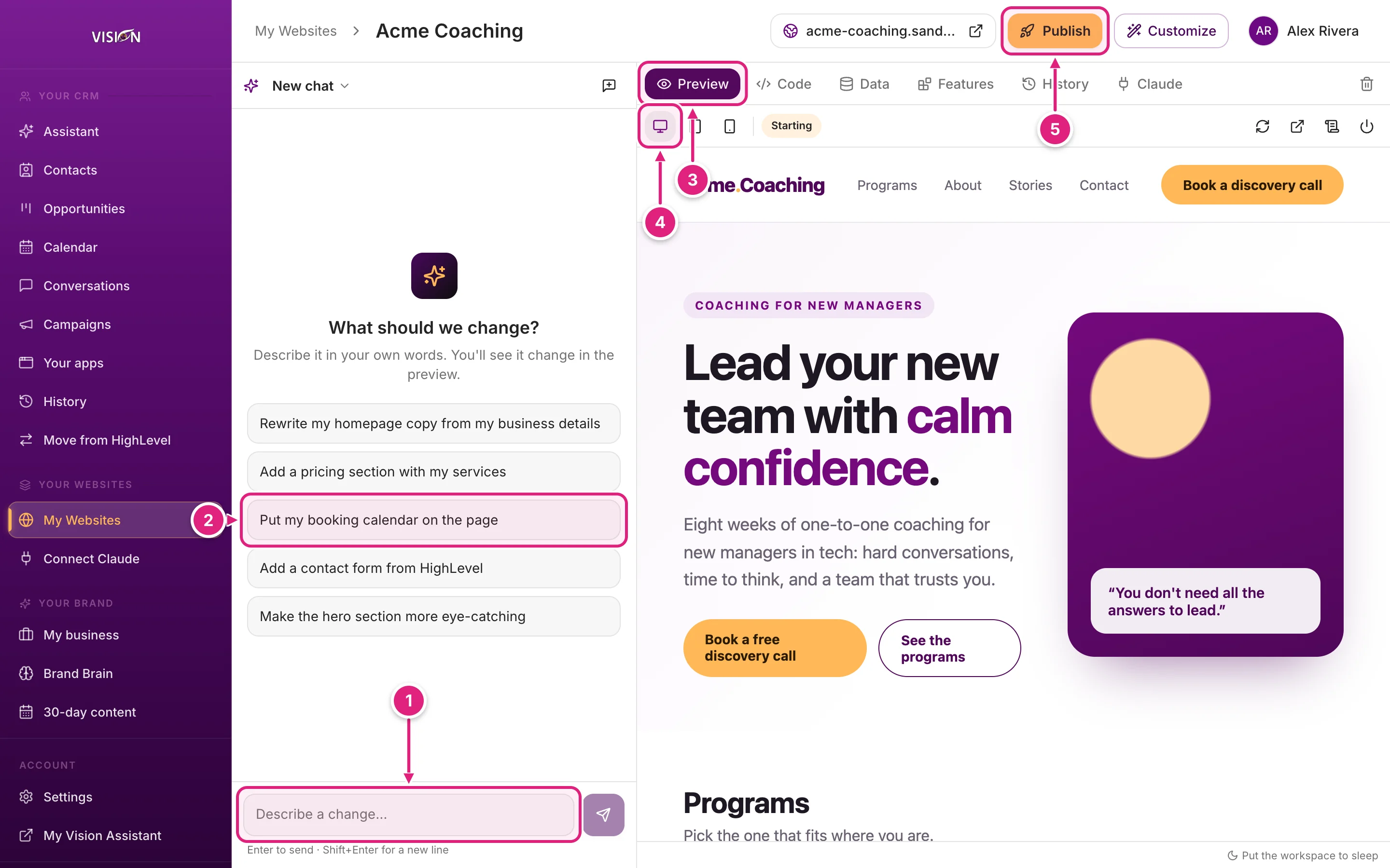 The website builder: chat on the left, the live preview on the right