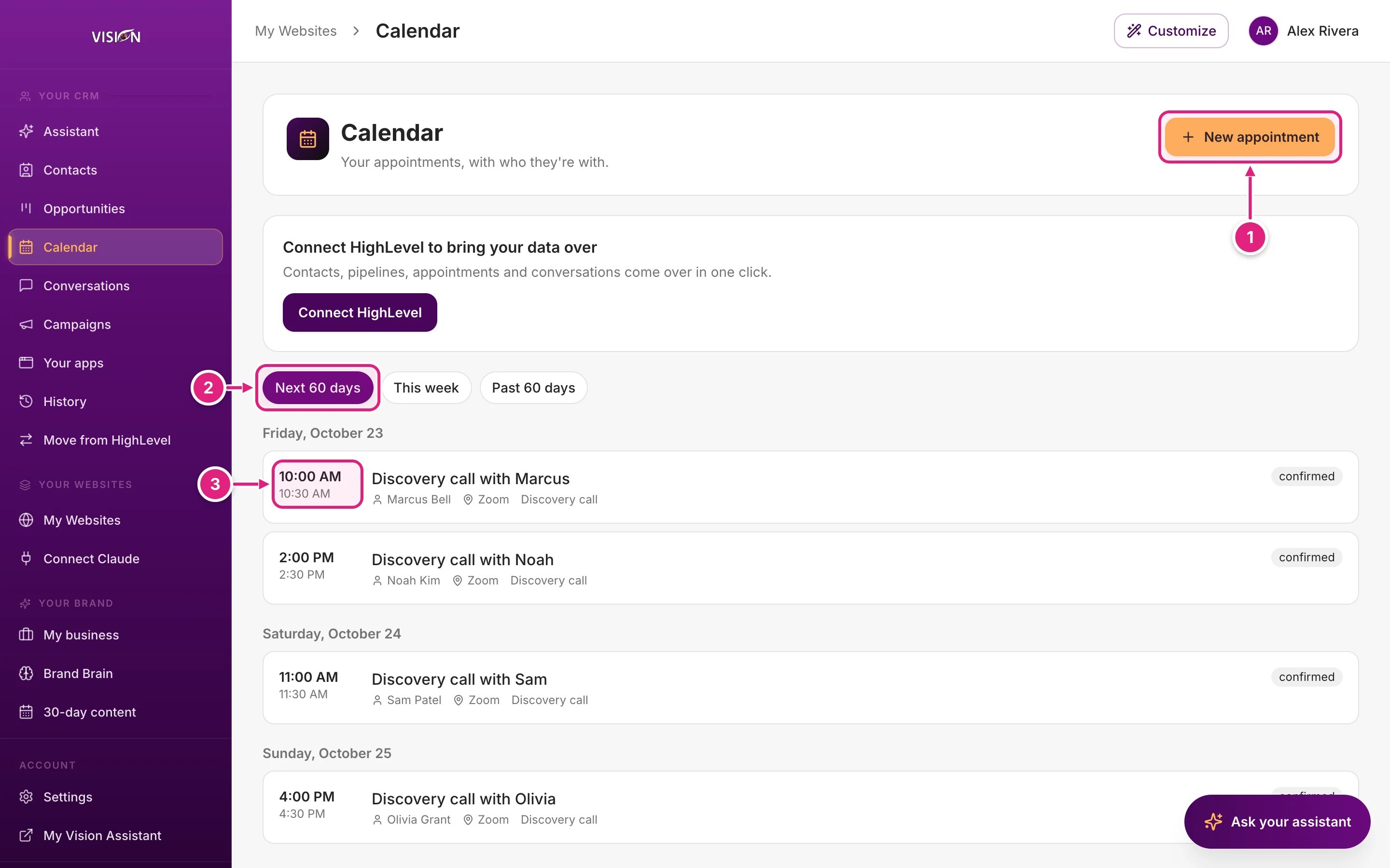 The calendar with this week's appointments