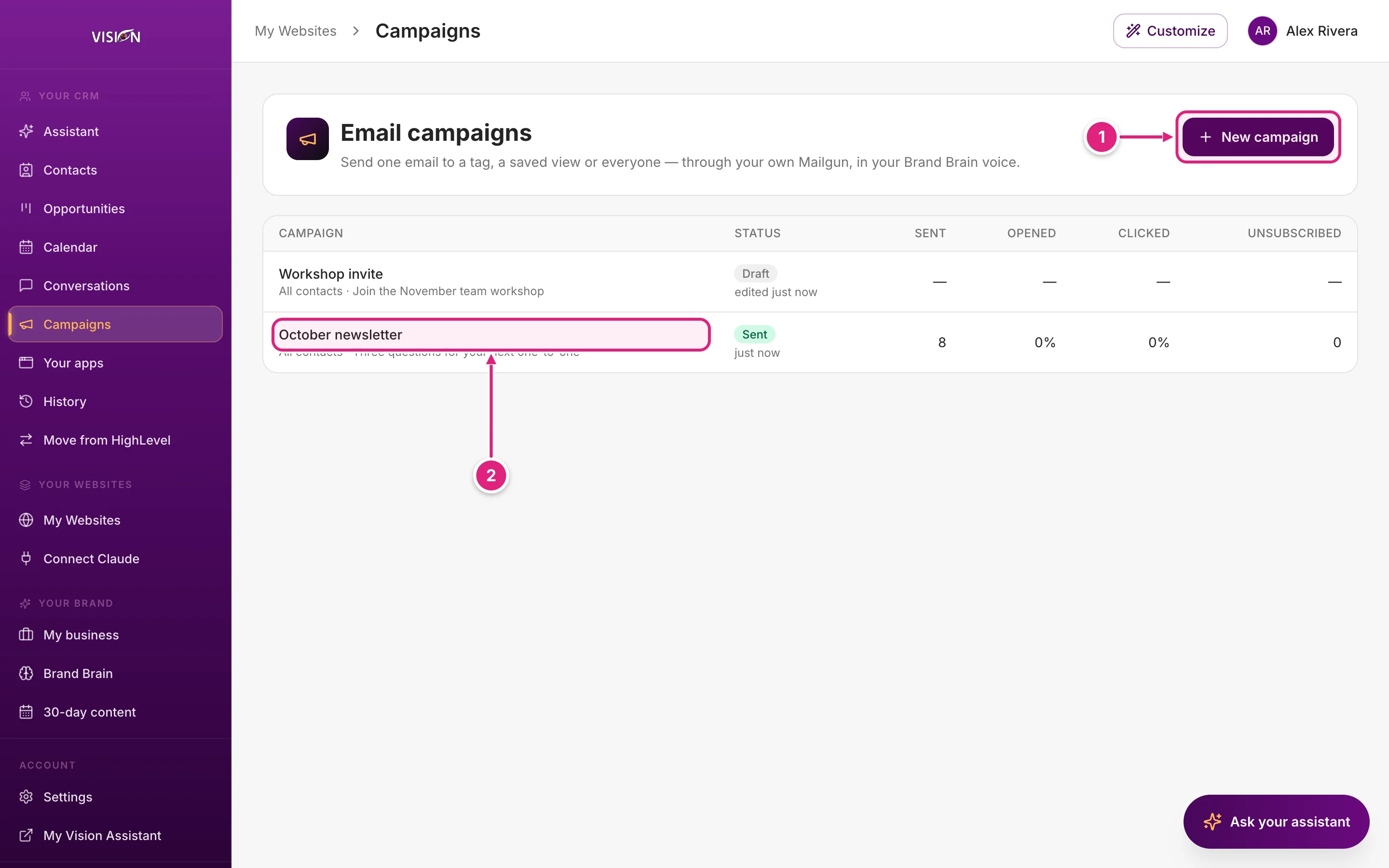 The campaigns list with sent and draft campaigns