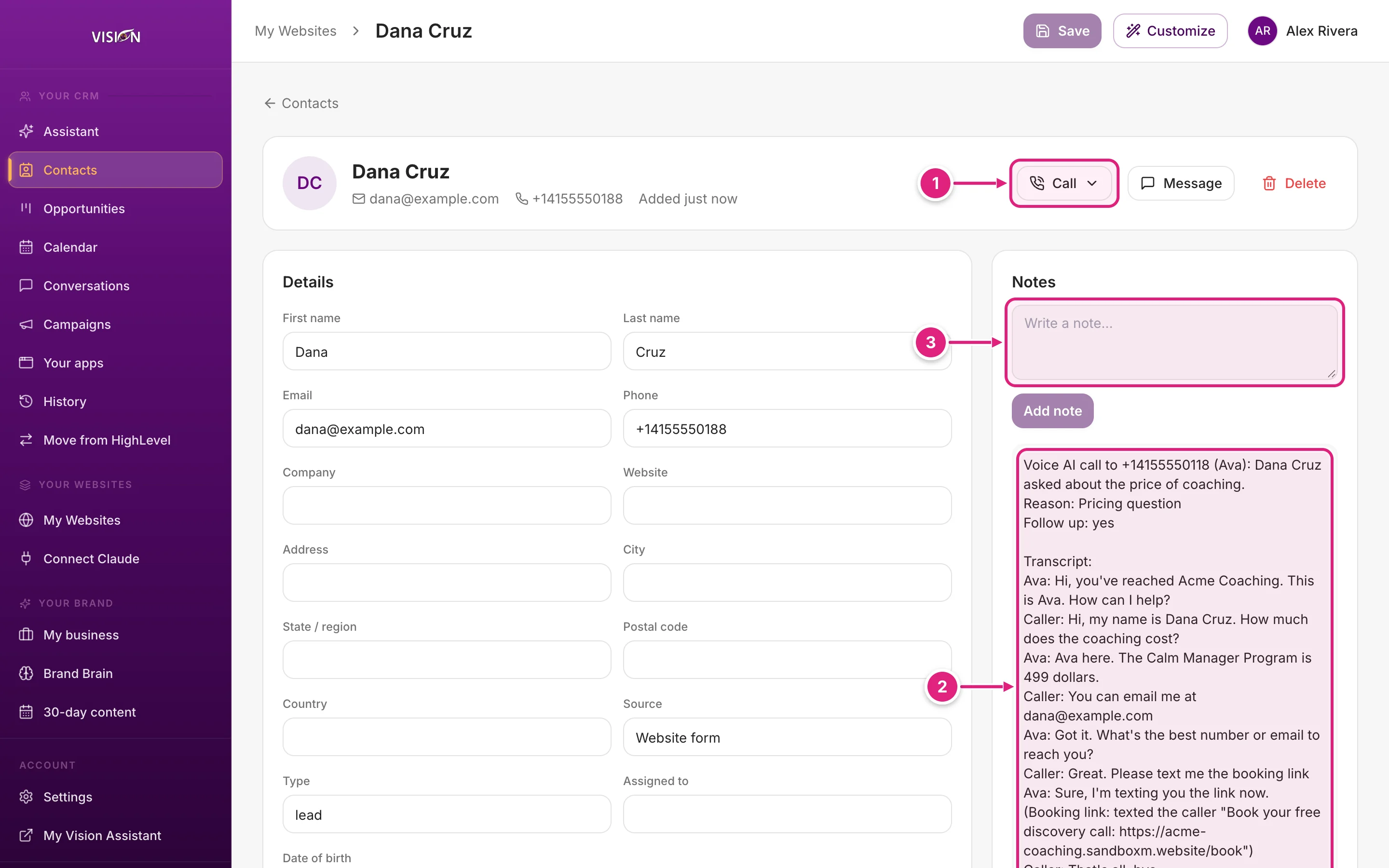 A contact's page with details and a Voice AI call note