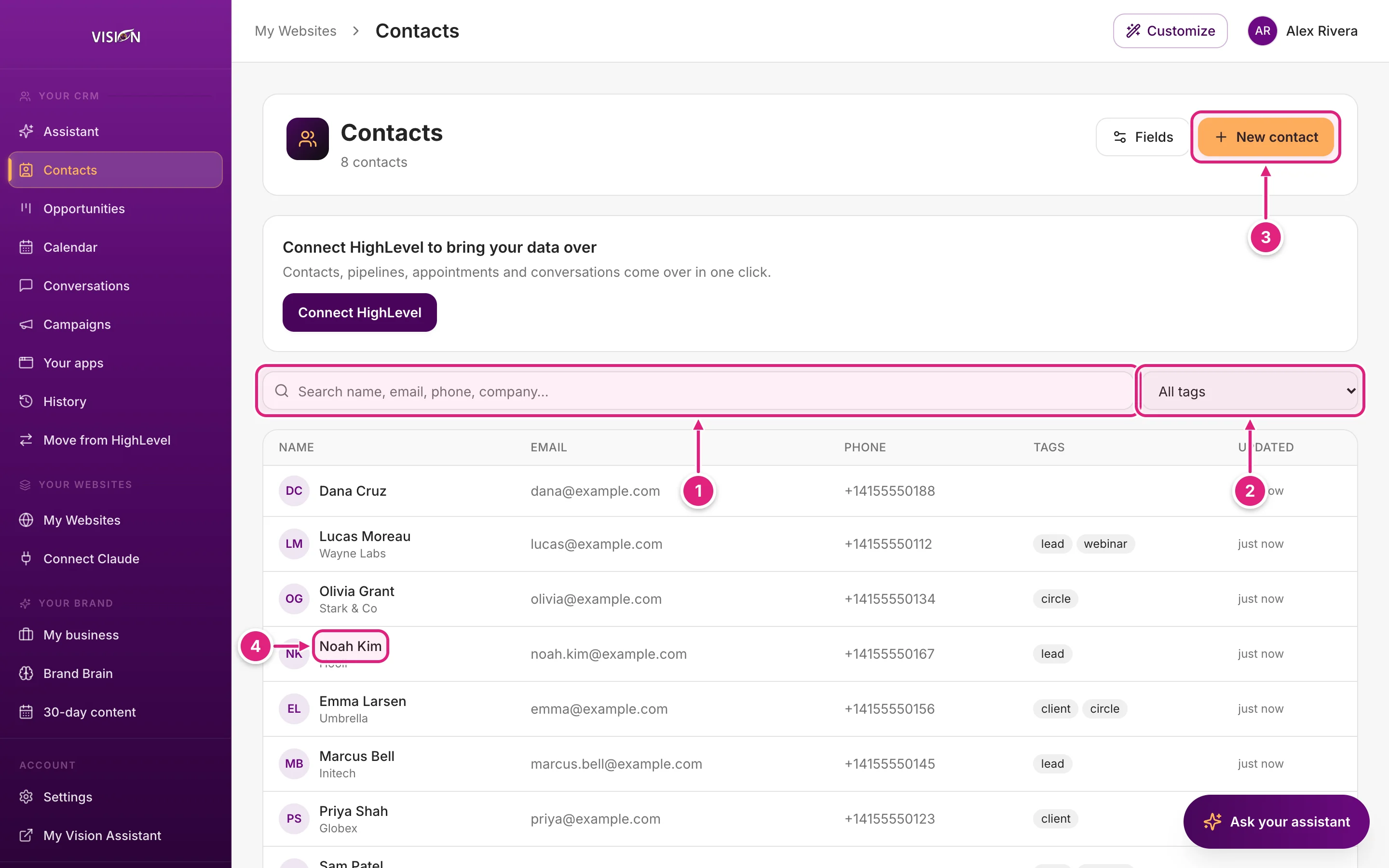 The contacts list