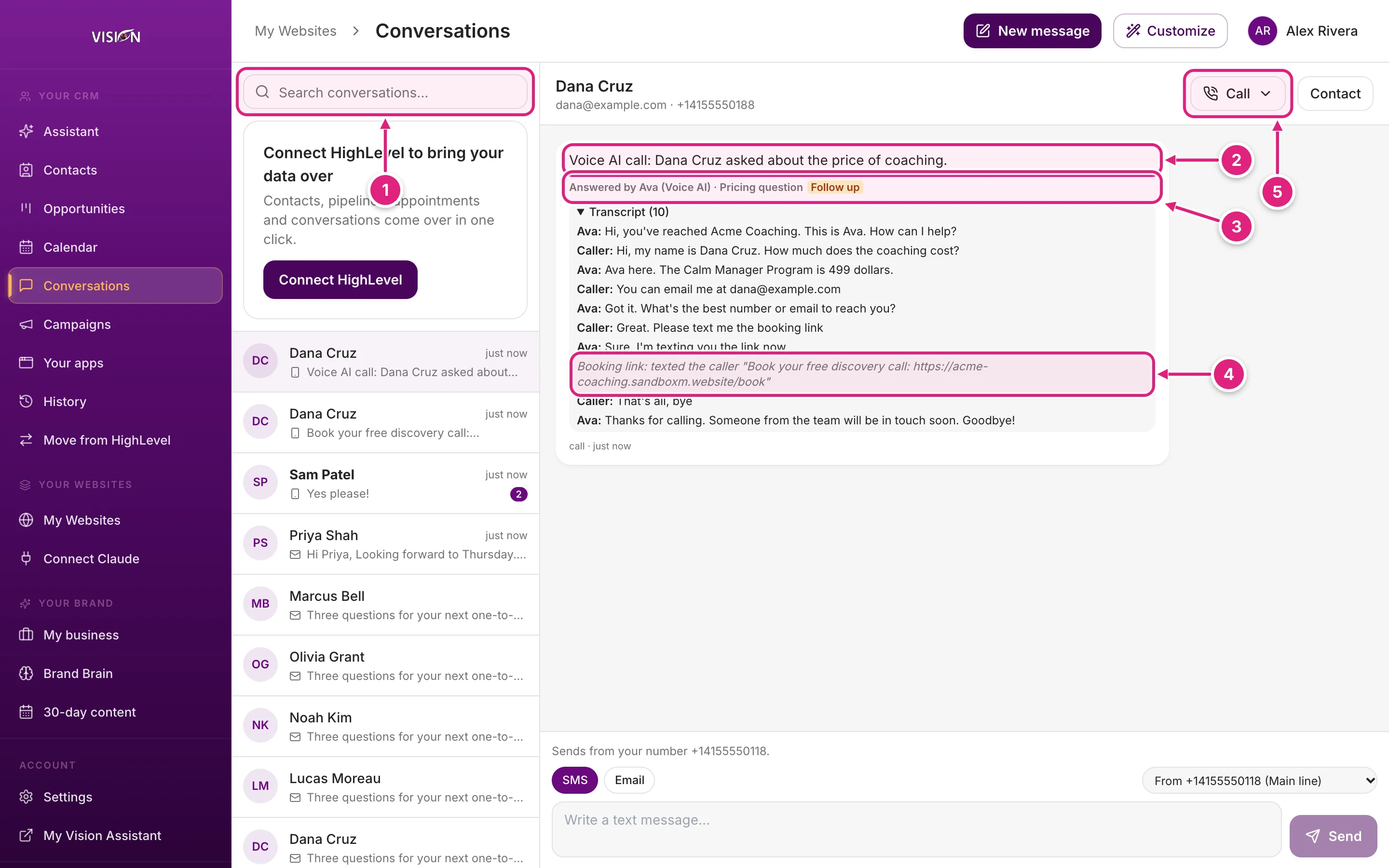 The inbox showing a call answered by the Voice AI agent, with its summary and transcript