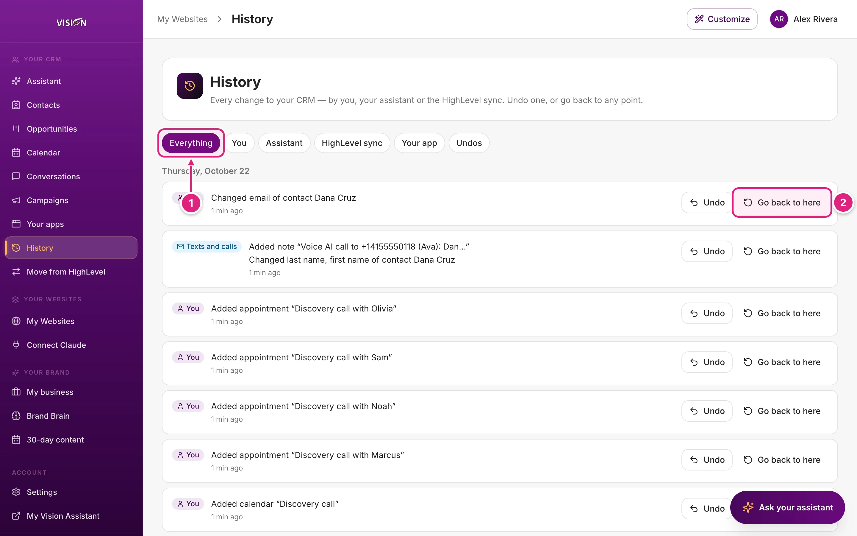 The History page listing recent changes