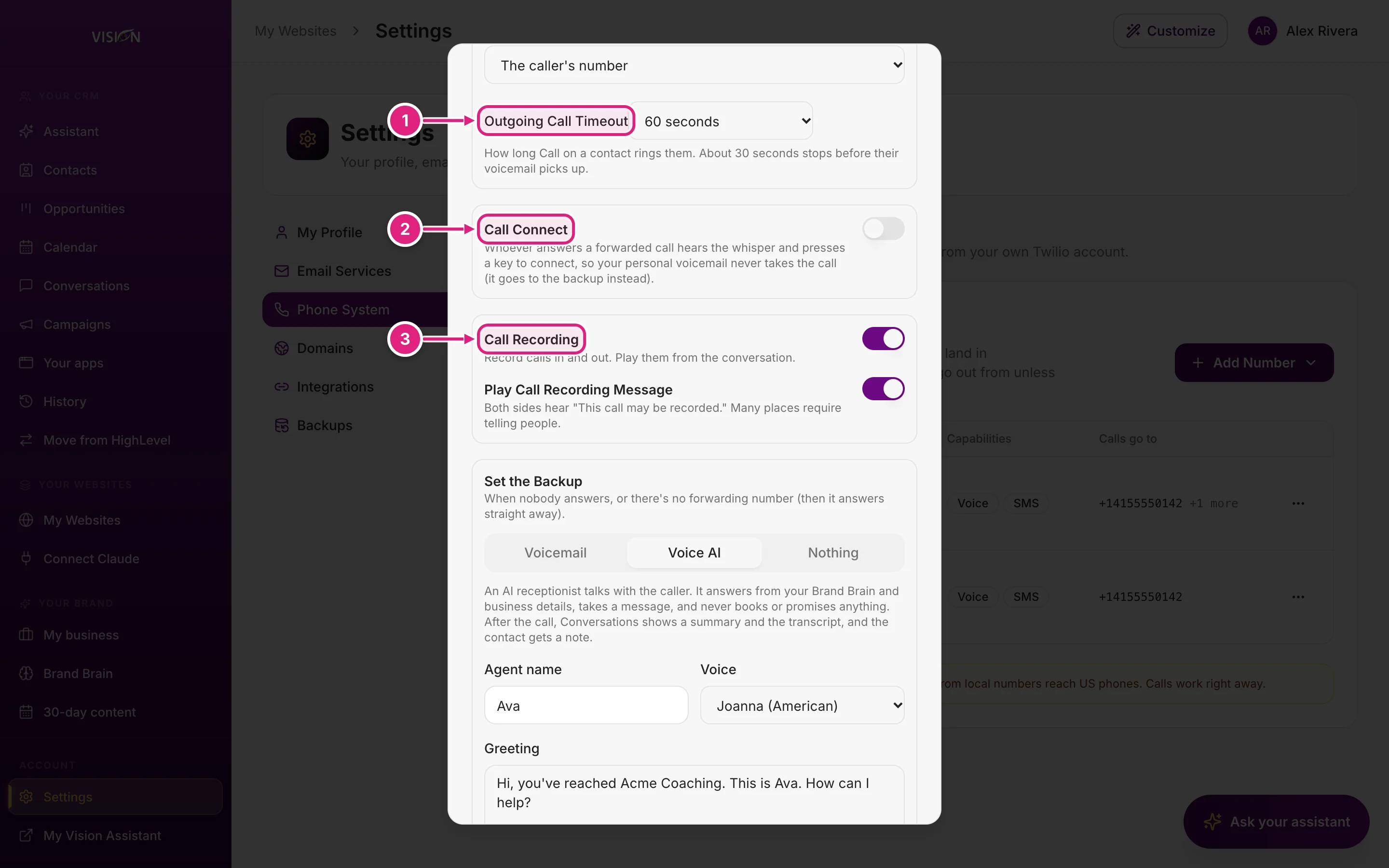 The Edit Configuration dialog, Call Connect and Call Recording