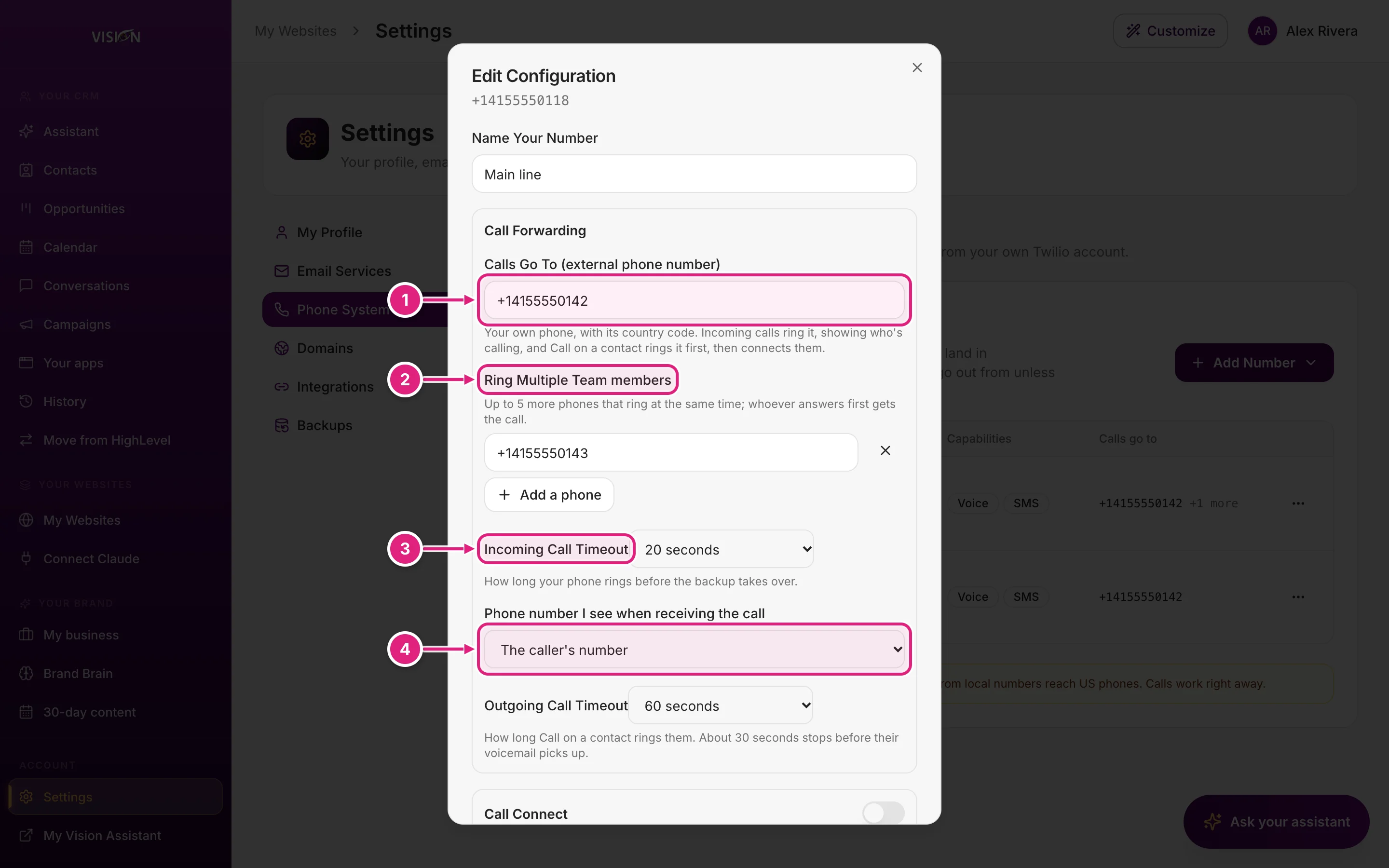 The Edit Configuration dialog, call forwarding part