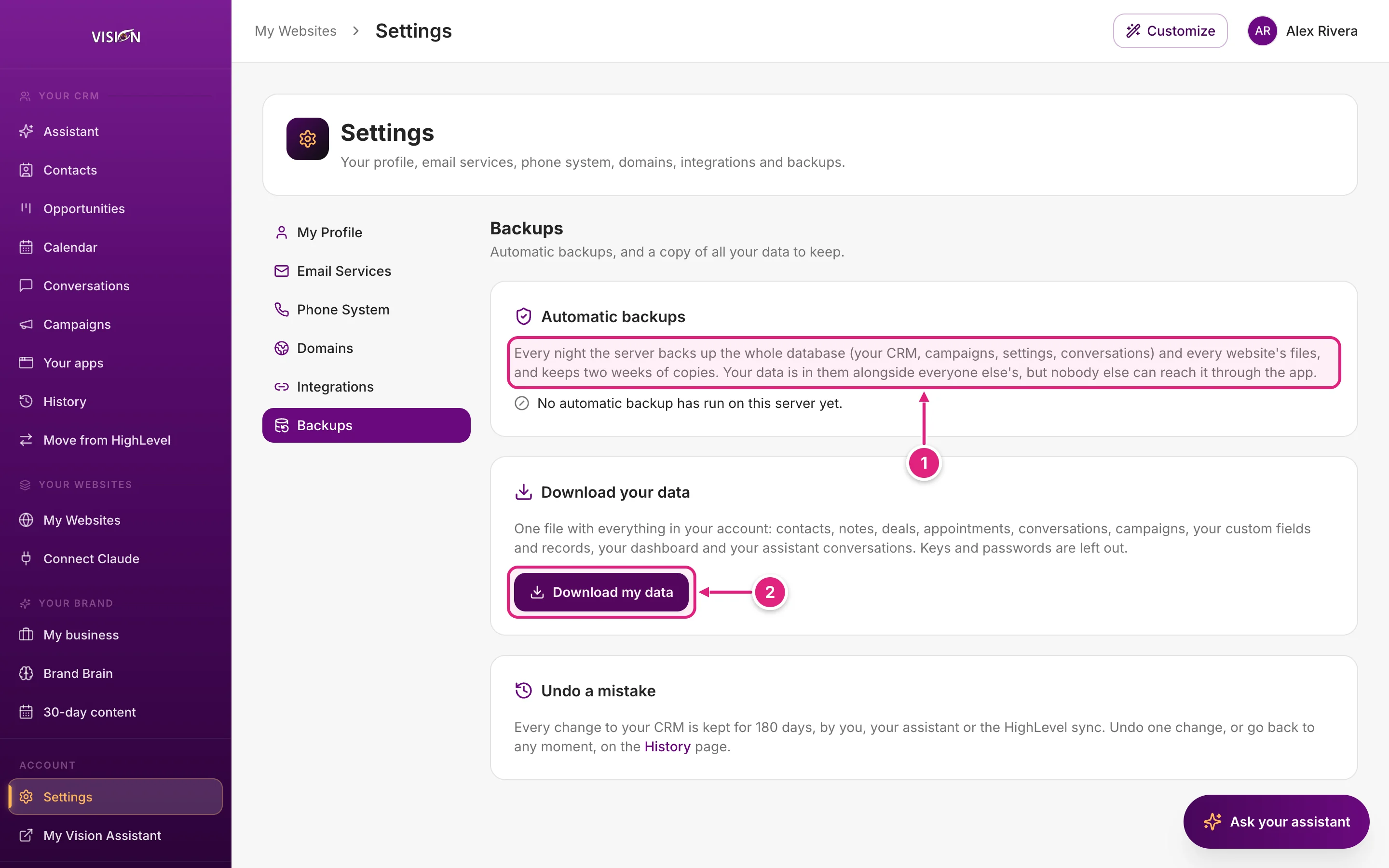Settings, Backups