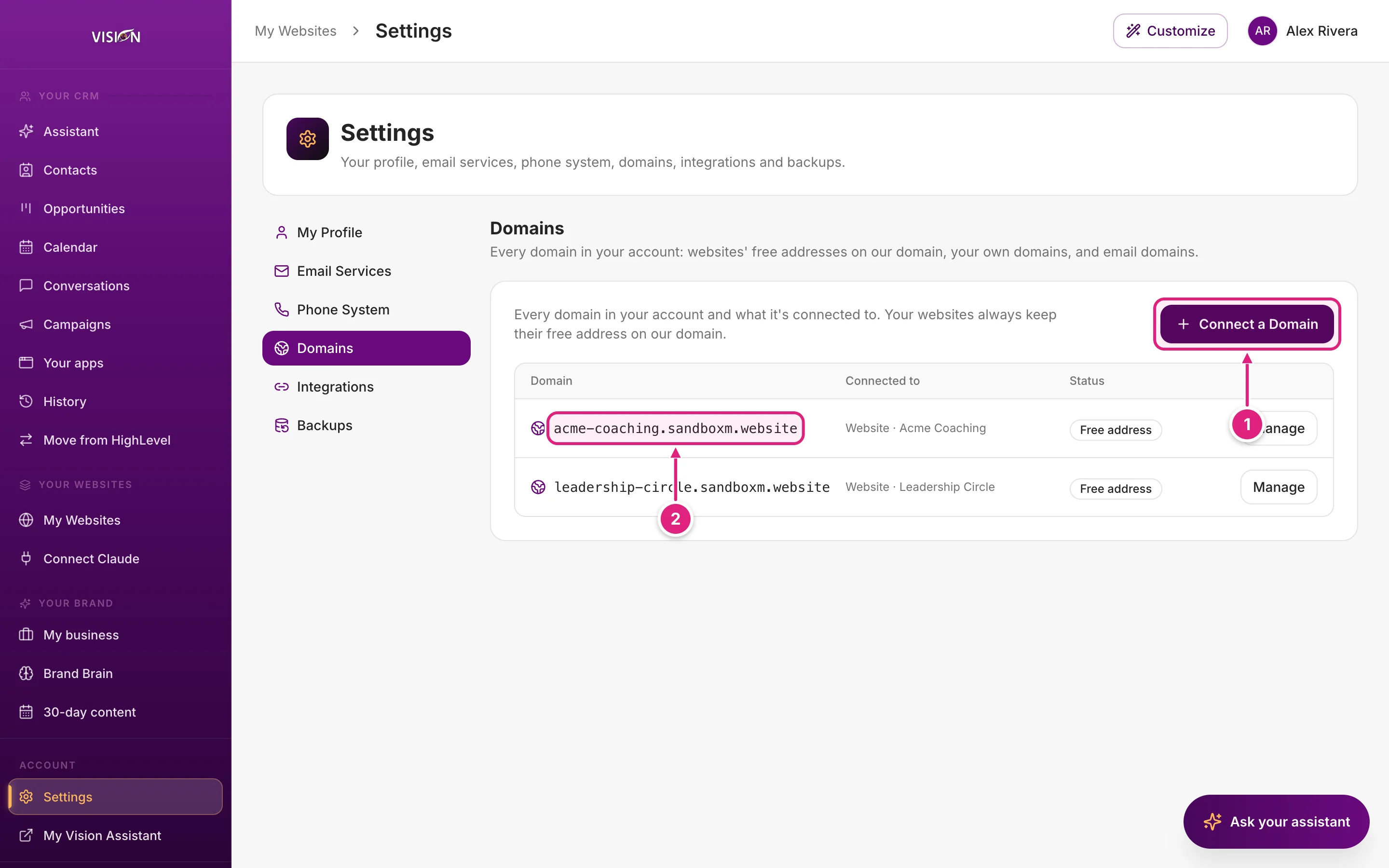 Settings, Domains