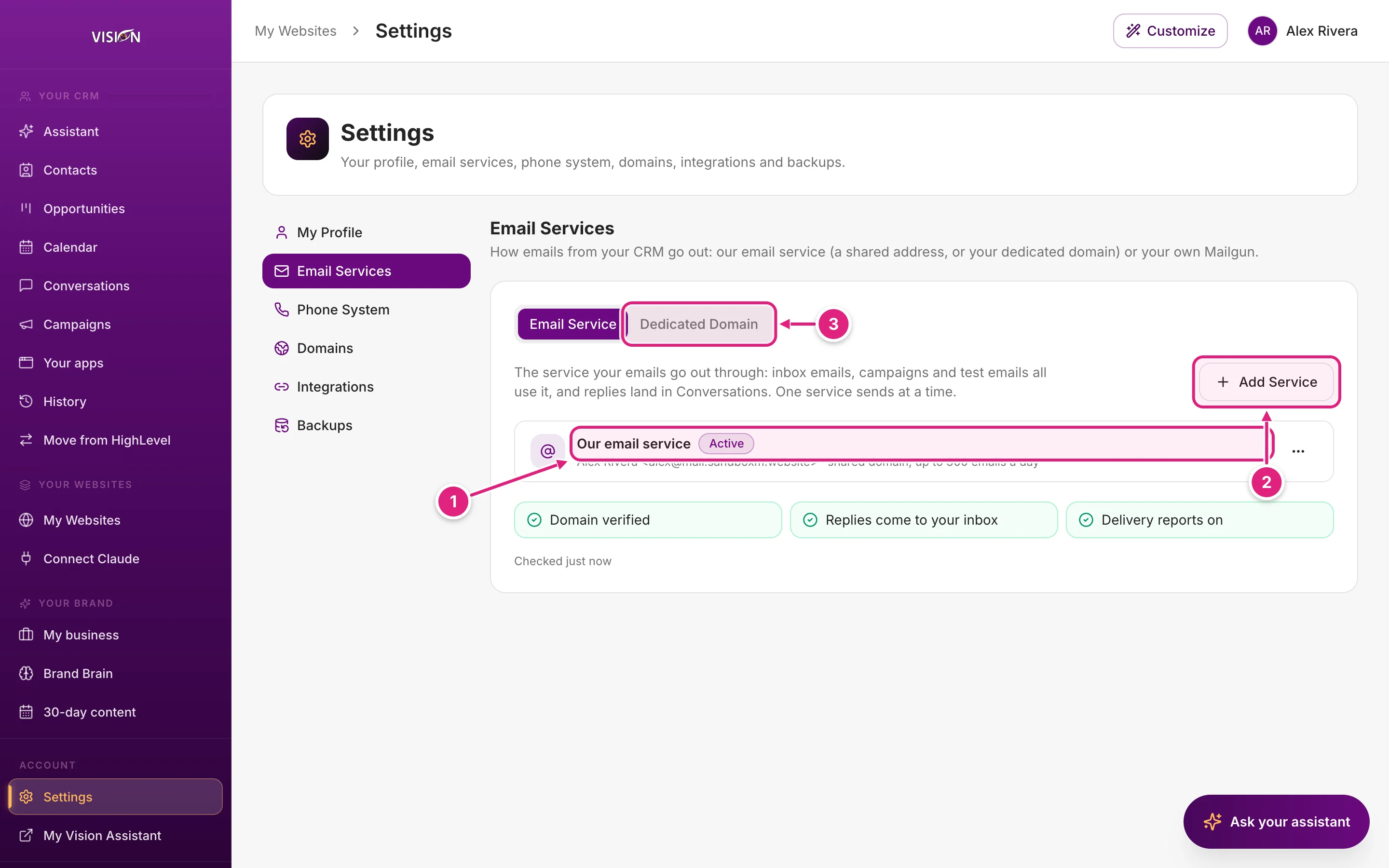 Settings, Email Services, with our email service active