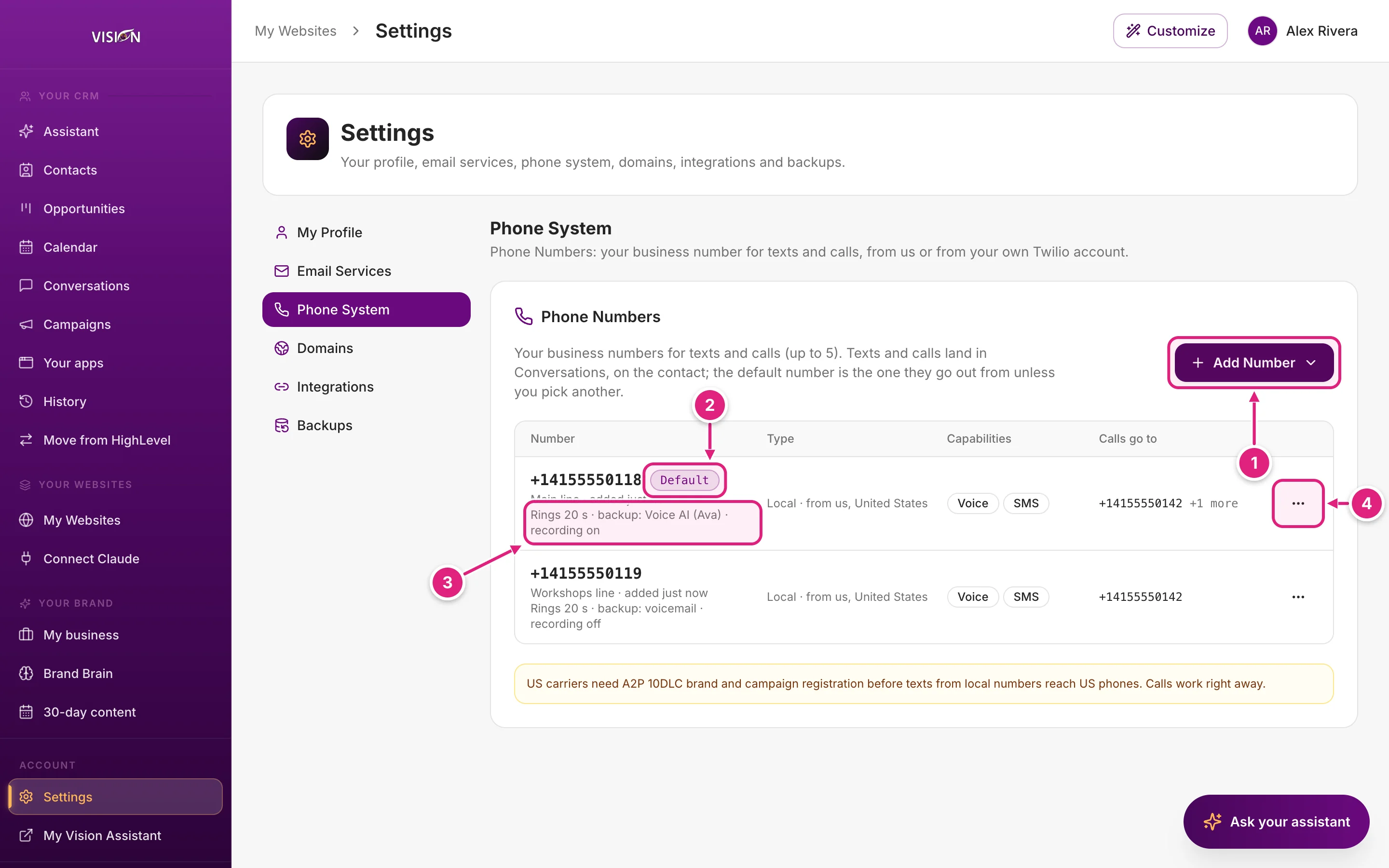 Settings, Phone System, with two numbers