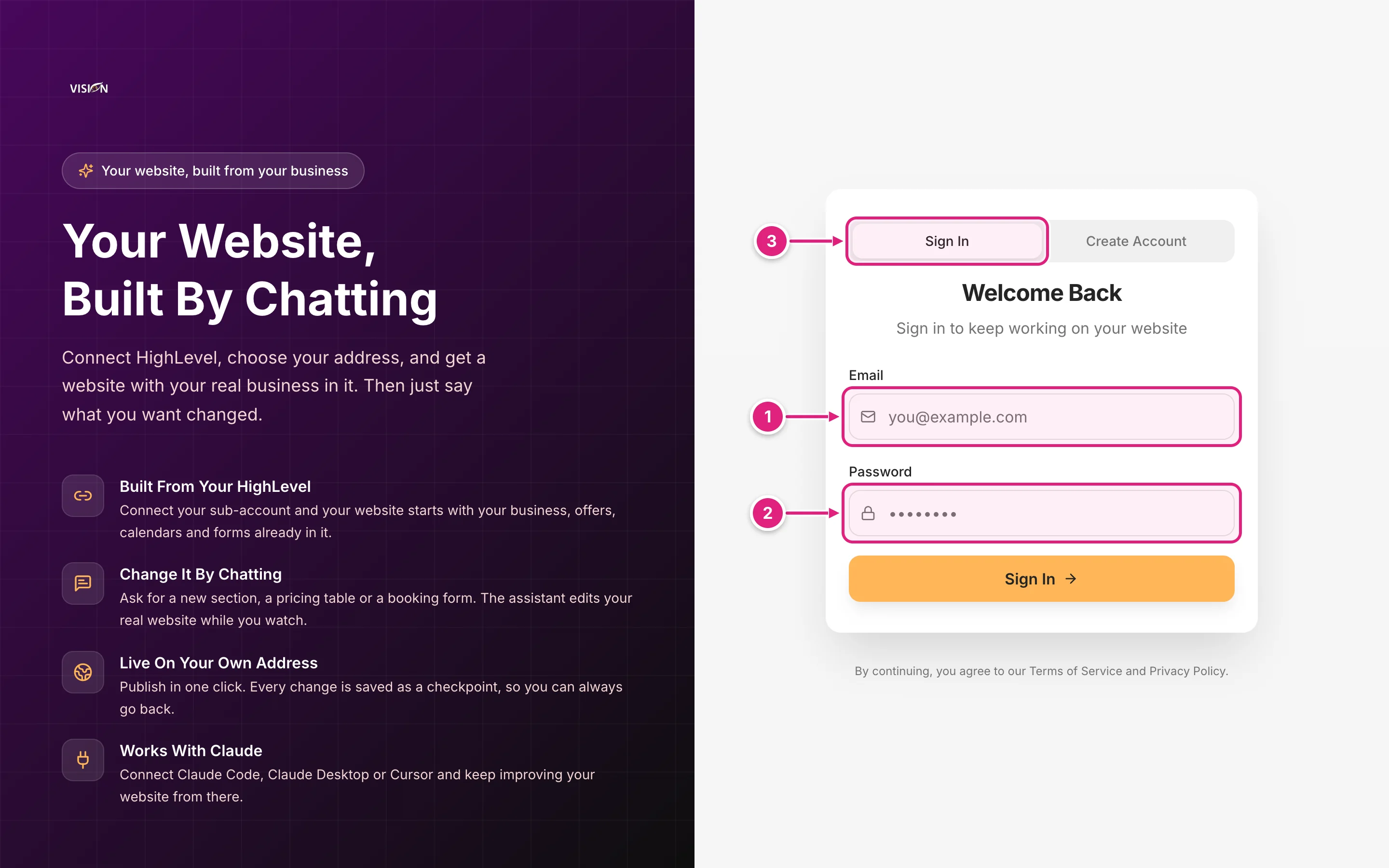 The sign-in page with the email and password fields