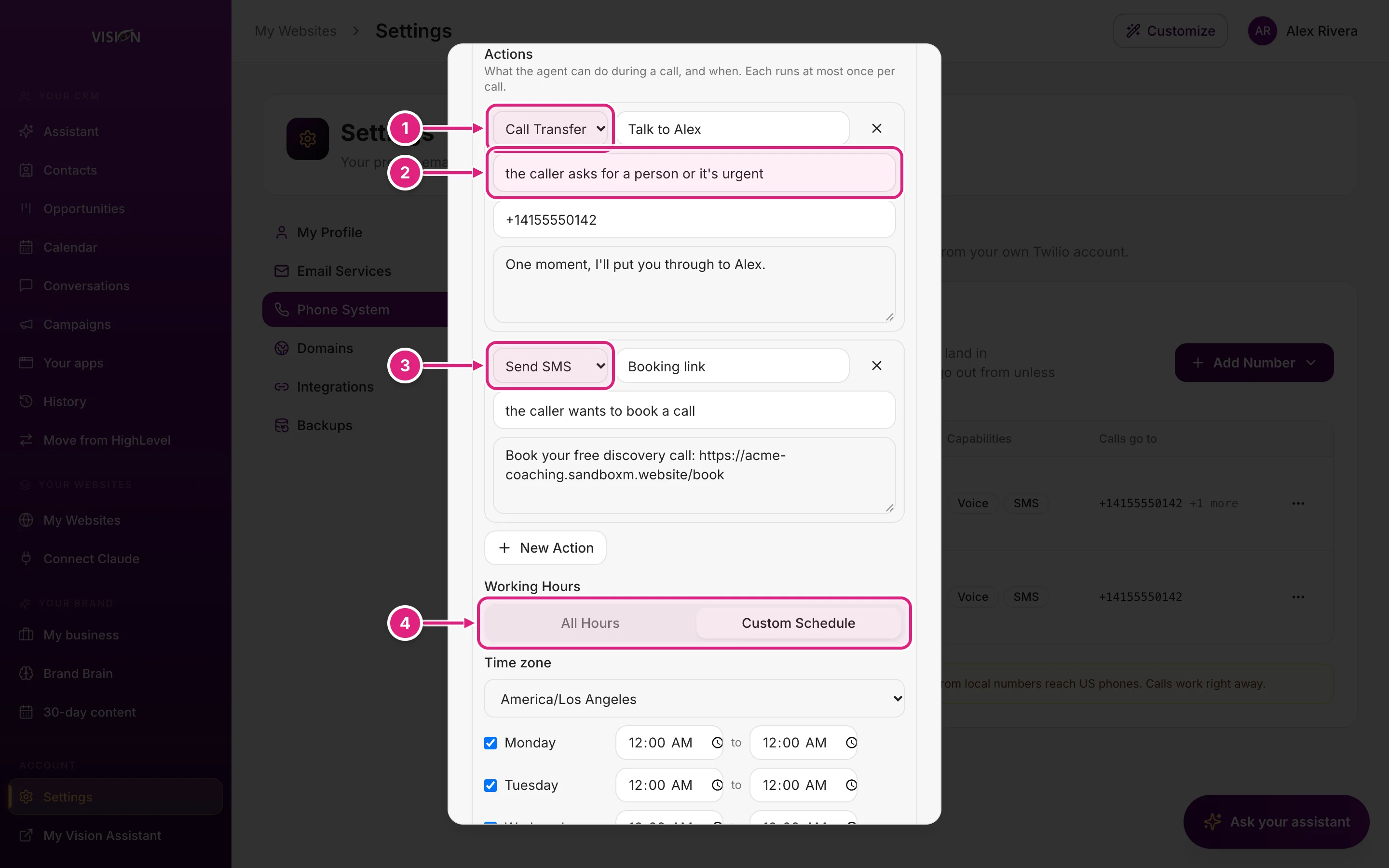 The Voice AI agent's actions and working hours