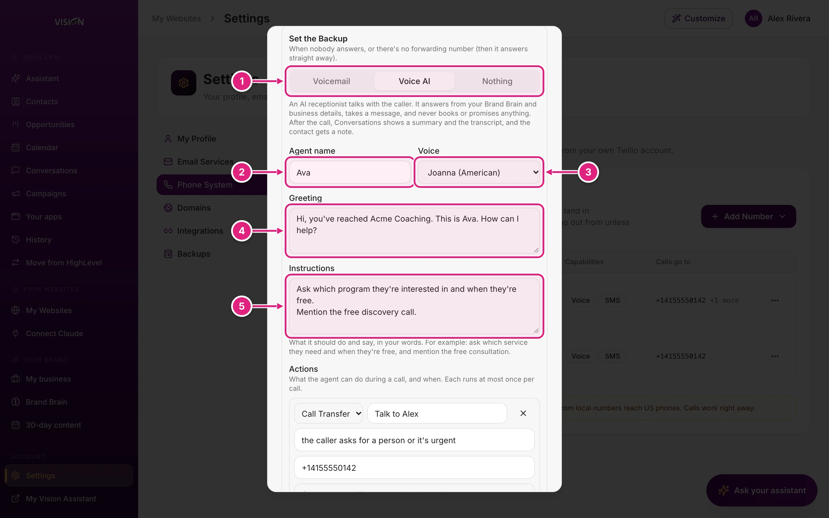 The Voice AI agent settings